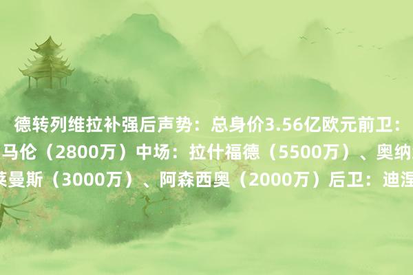 德转列维拉补强后声势：总身价3.56亿欧元　　前卫：沃特金斯（5500万）、马伦（2800万）　　中场：拉什福德（5500万）、奥纳纳（5500万）、蒂莱曼斯（3000万）、阿森西奥（2000万）　　后卫：迪涅（1200万）、保-托雷斯（4500万）、迪萨西（3000万）、安德烈斯-加西亚（120万）　　门将：马丁内斯（2500万）体育录像/图片